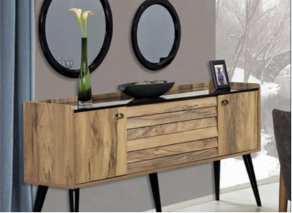 Designer dining room furniture set, light brown wood sideboard, glass mirror.